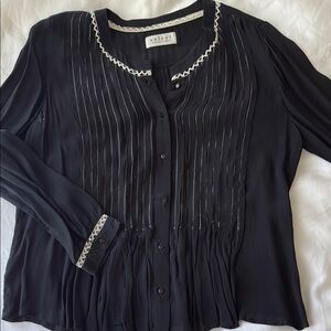 Velvet Black Buttoned Blouse with White Crochet Collar, Size XS